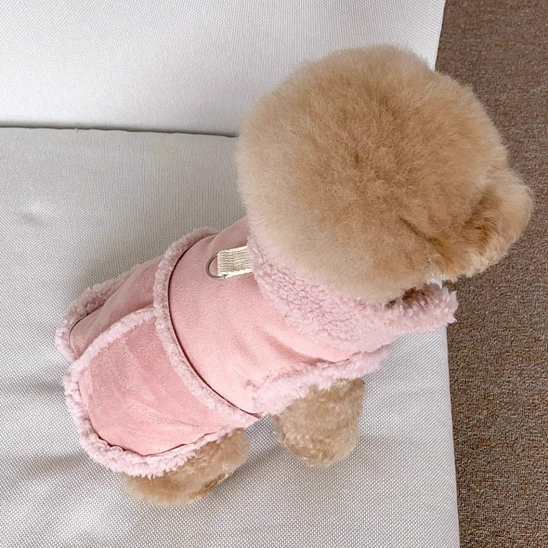 Soft brown suede effect dog vest with harness style fit