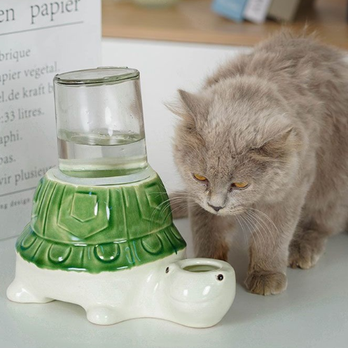 Ceramic Pet Water Dispenser Bowl with Glass Bottle and Anti-Tip Base for Cats