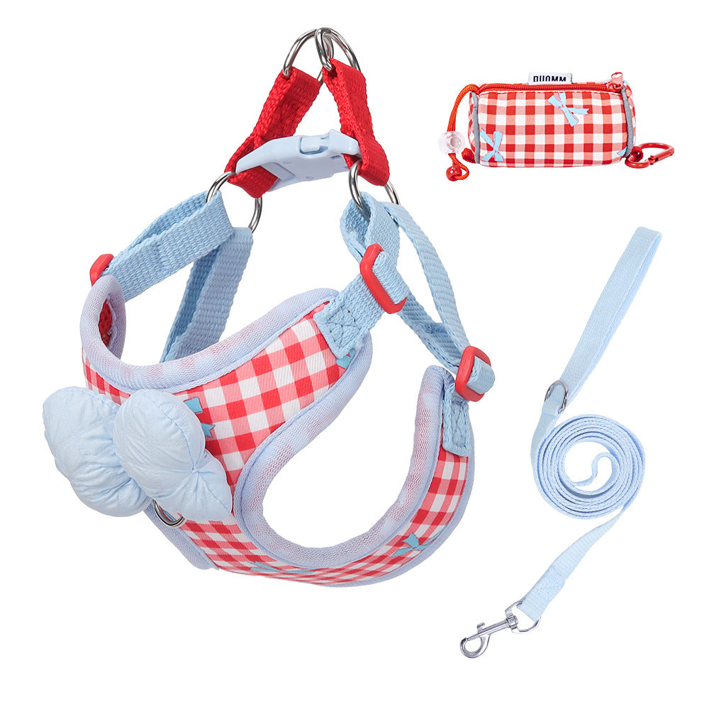 Plaid dog harness and lead with bow, available from Pet Royale UK