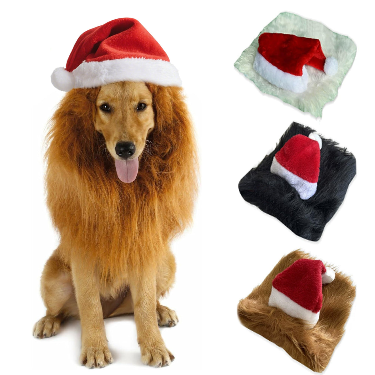 Lion mane and Christmas hat pet costume in Light Brown, size Large