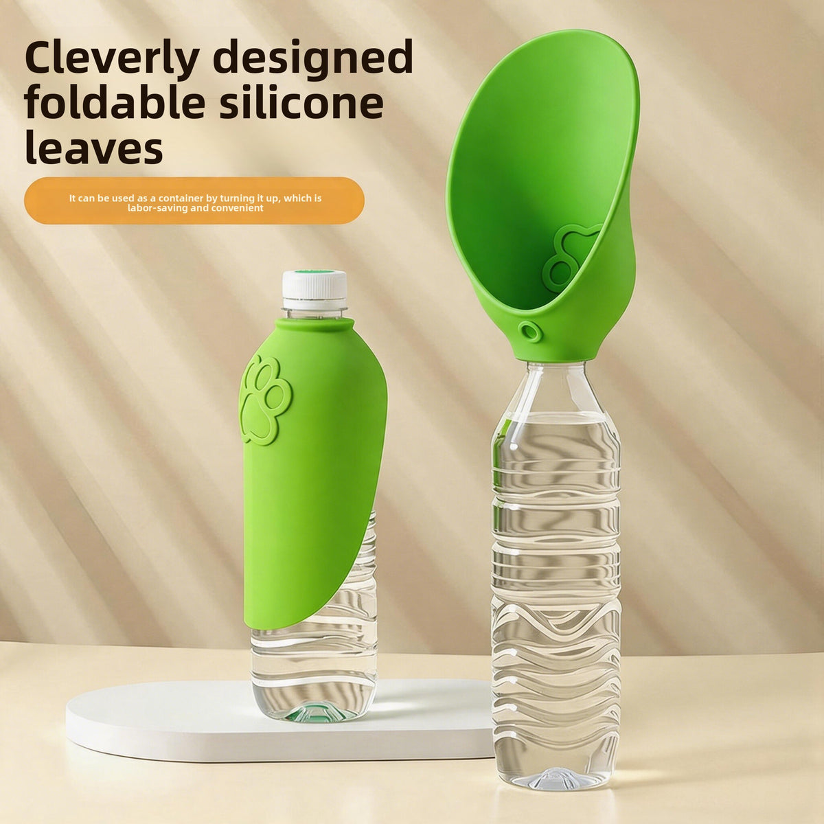 Silicone dog water bottle with foldable U-shaped lid in Green 2-Pack, front view