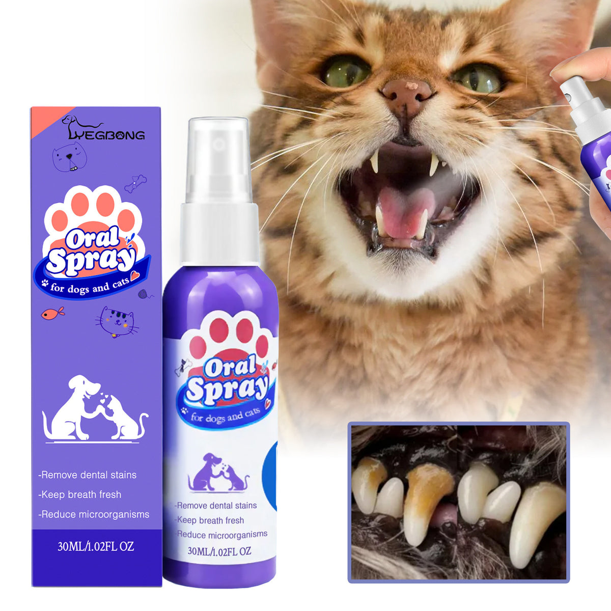 Pet Dental Spray for Dogs and Cats, Stain and Plaque Breath Care