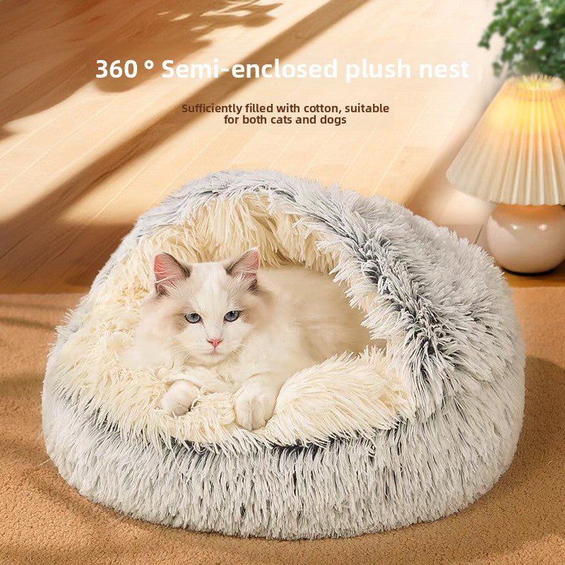 Semi-enclosed shell cat bed in soft plush, photo from another angle