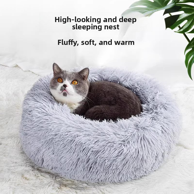 Grey thick velvet donut cat bed with plush padding, photo 4
