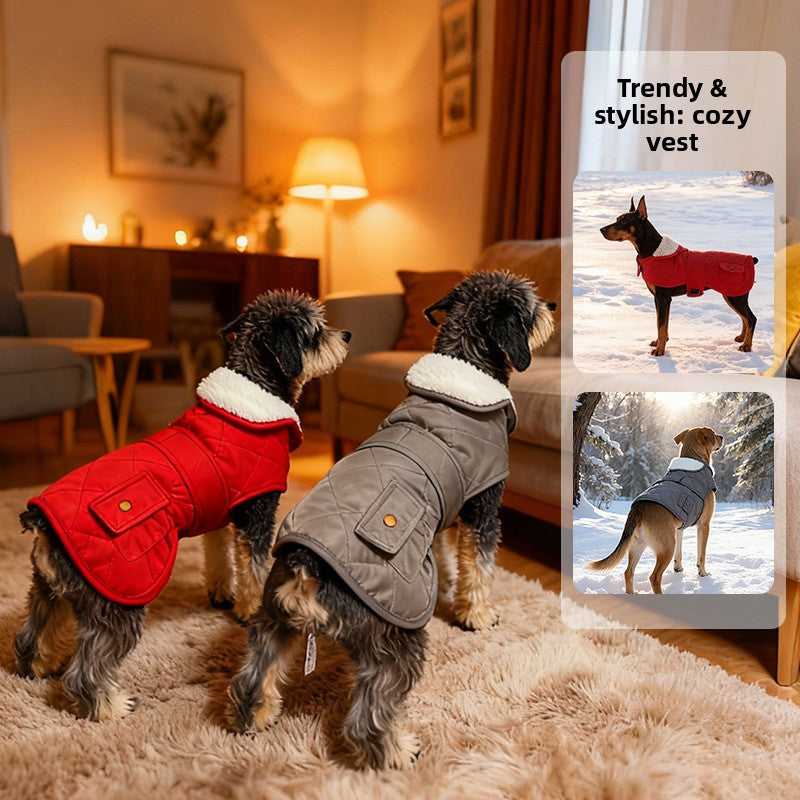 British style two-leg dog winter vest jacket in Red, front view