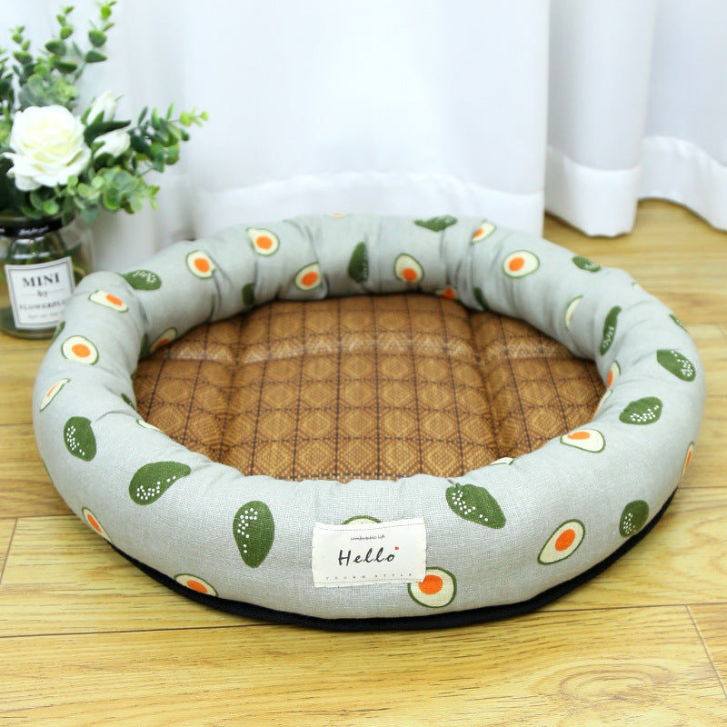 Round straw mat cooling pet nest with cat print, product image 7