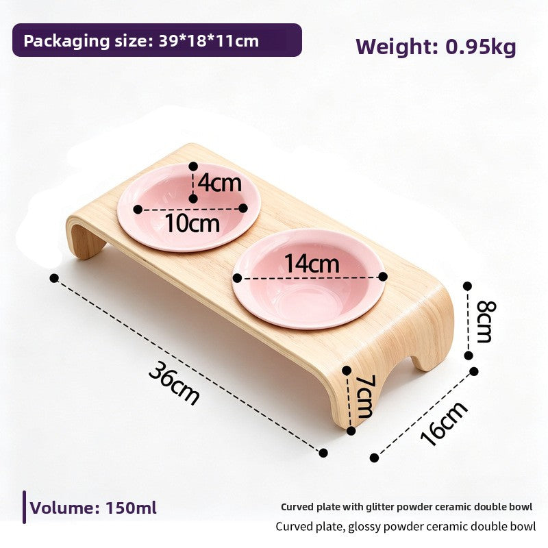 Curved Solid Wood Pet Bowl Stand with Ceramic Double Bowl in Glossy or Matte Colours
