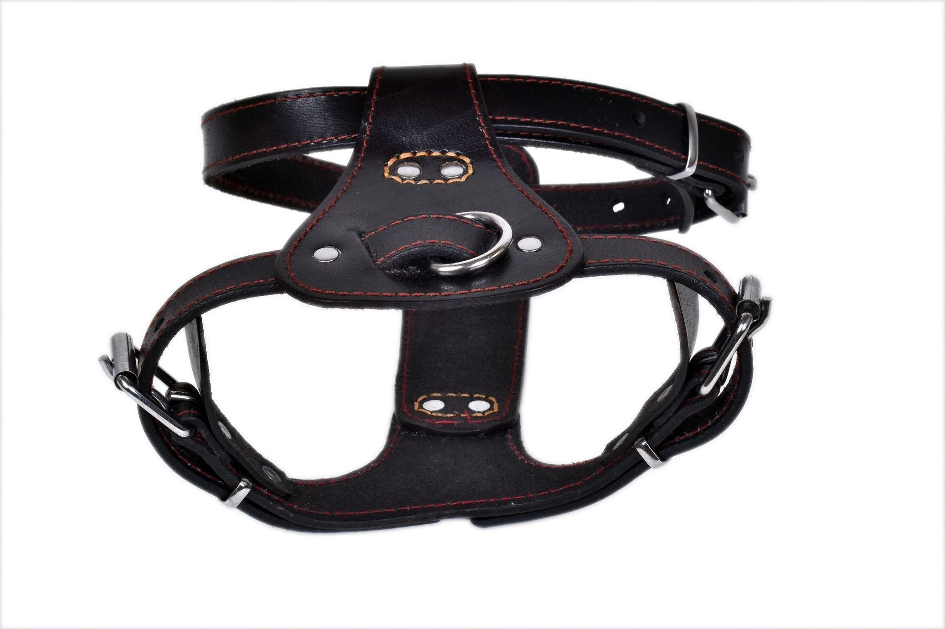 Brown leather dog chest harness with adjustable chest and neck straps, view 13