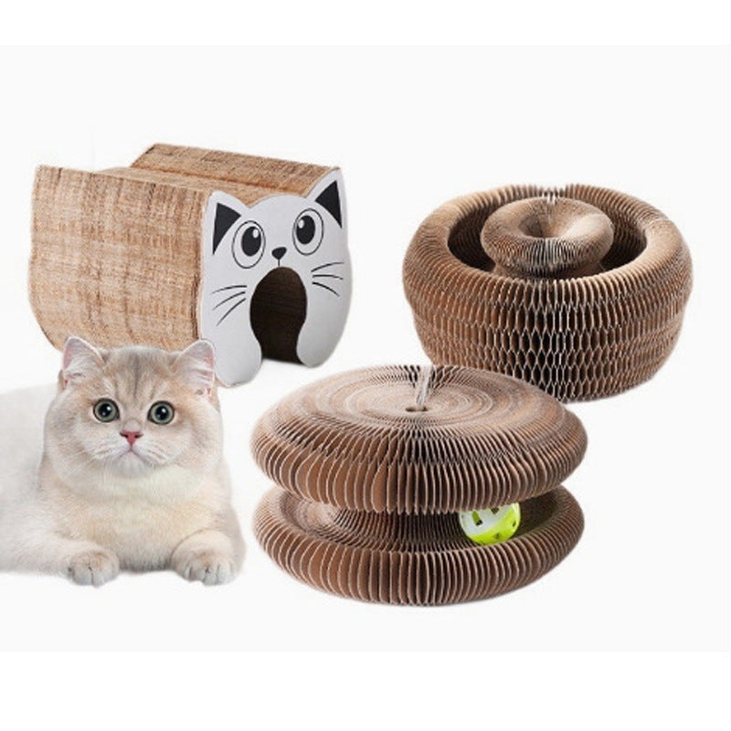 Foldable accordion cat scratcher with bell toy, detail and texture view