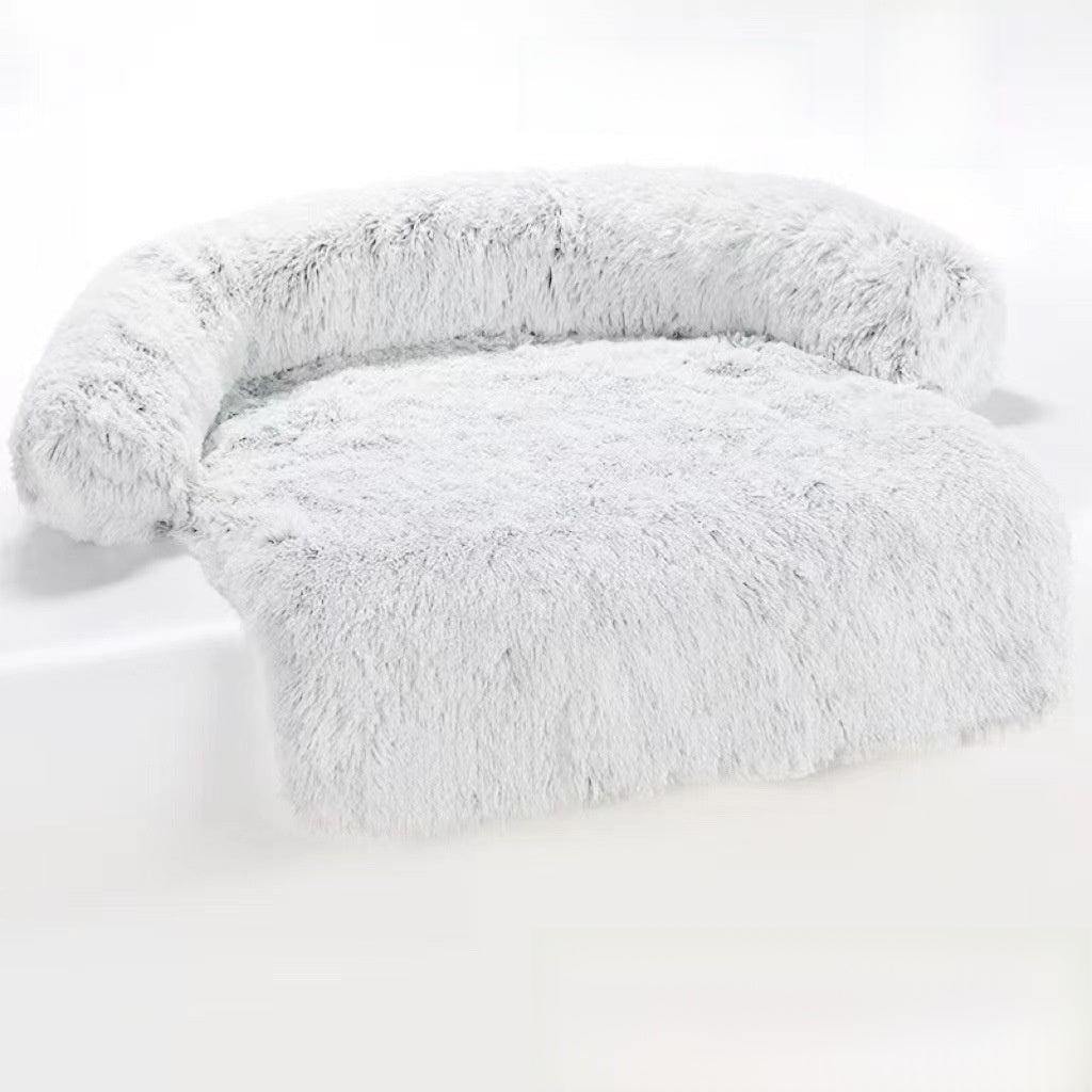 Dark grey long plush curved dog bed with raised sides, photo 51