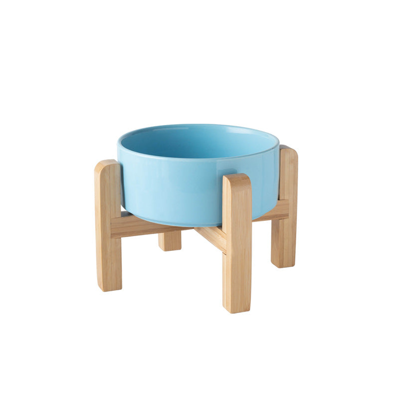 Elevated Ceramic Pet Feeding Bowl with Bamboo Stand, Anti-Spill Base in Five Colours