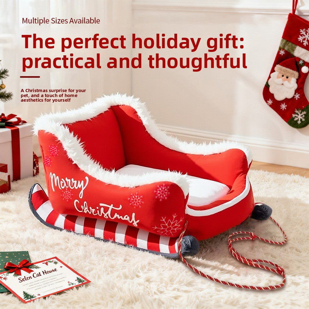 Christmas sleigh pet bed with warm plush lining, photo 3 of 10