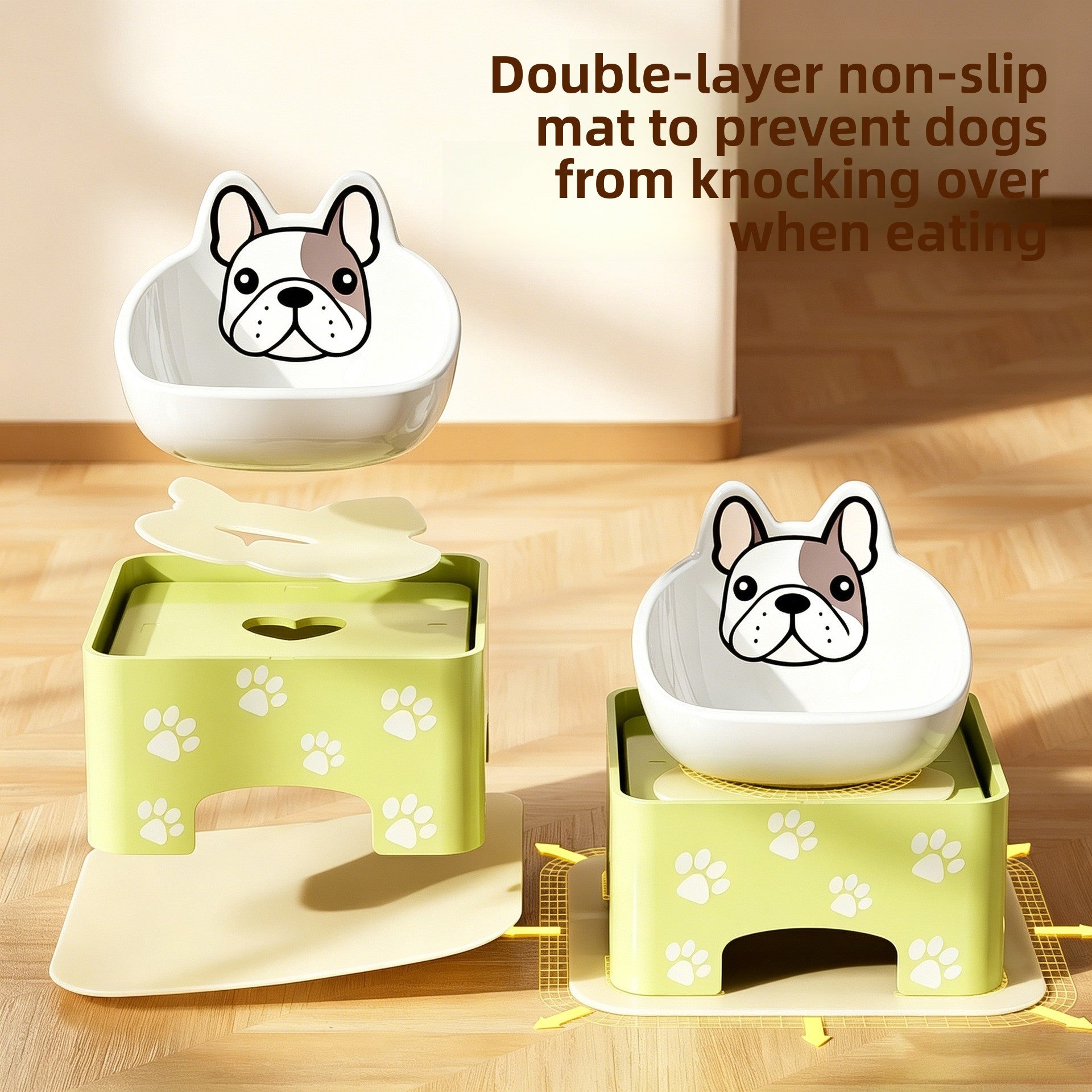 Adjustable Height and Tilt Ceramic Pet Bowl with Anti-Spill Rim and Paw Print Design