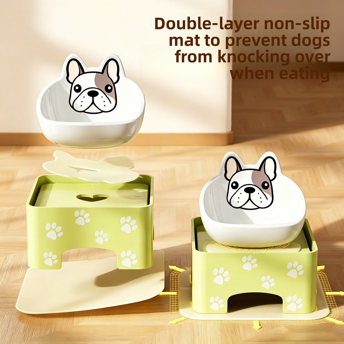 Adjustable Height and Tilt Ceramic Pet Bowl with Anti-Spill Rim and Paw Print Design