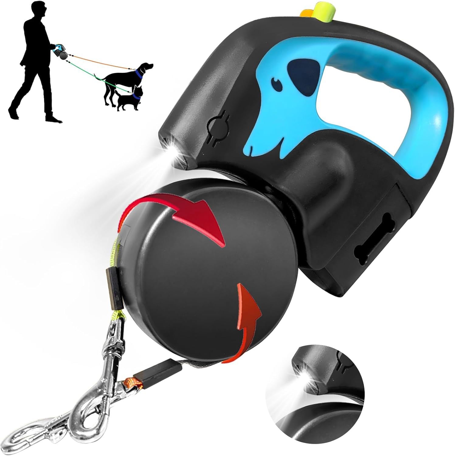 Dual head retractable lead with USB rechargeable LED light, product image 1