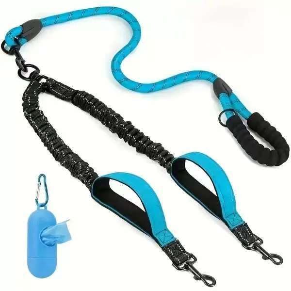 Tangle free two dog lead with poo bag holder in orange