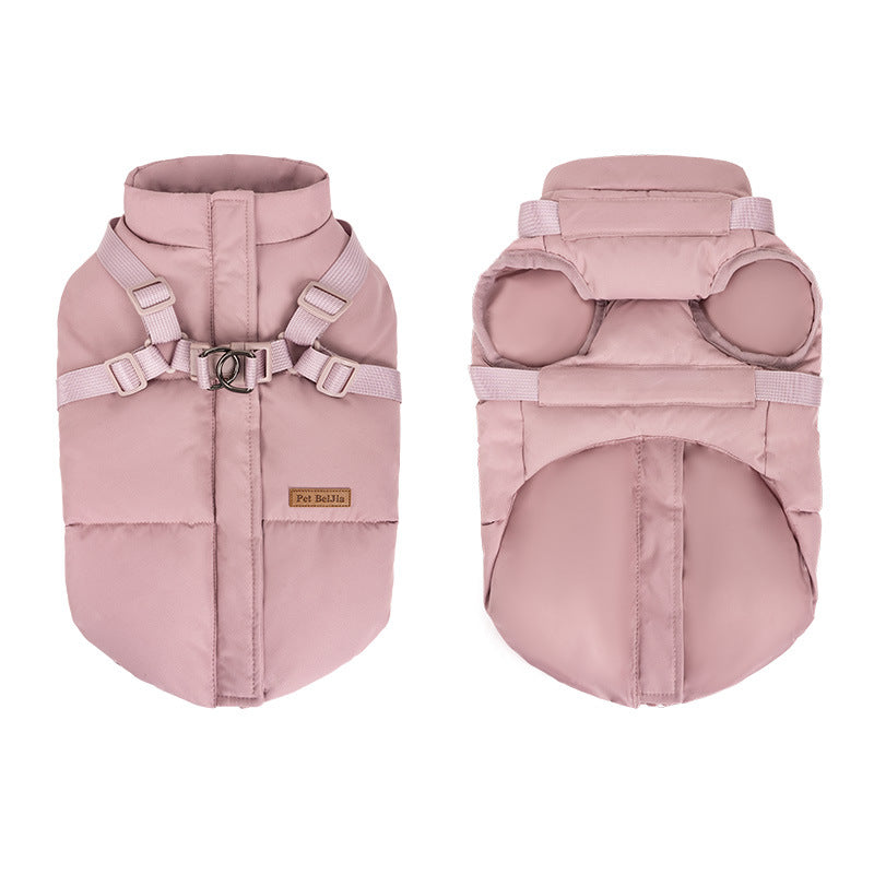 Water-resistant padded dog winter jacket in Smoke Pink, showing size and shape