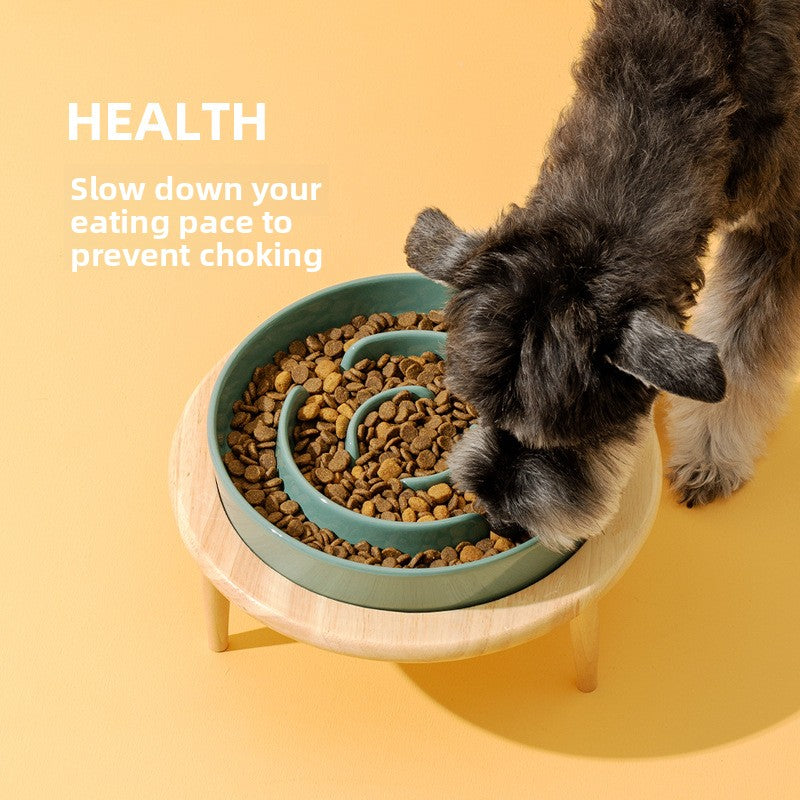 Ceramic Slow Feeder Dog Bowl in Ivory or Green, 15.5cm or 21cm, Optional Elevated Stand
