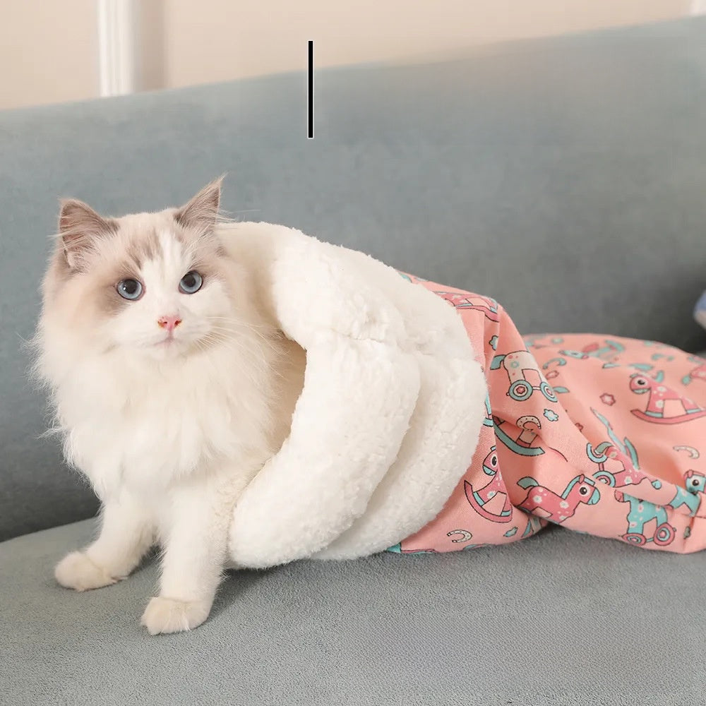 Plush hooded cat sleeping bag bed with pink deer design, product image 5
