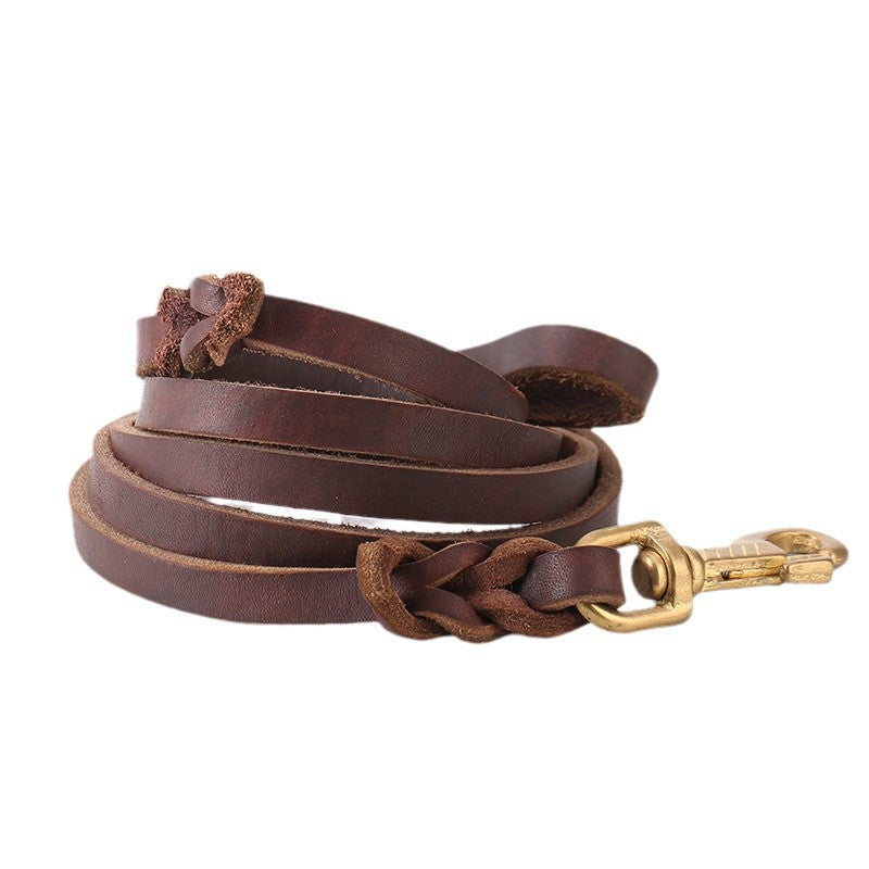 Brown leather dog lead with metal clip for walks, view 4