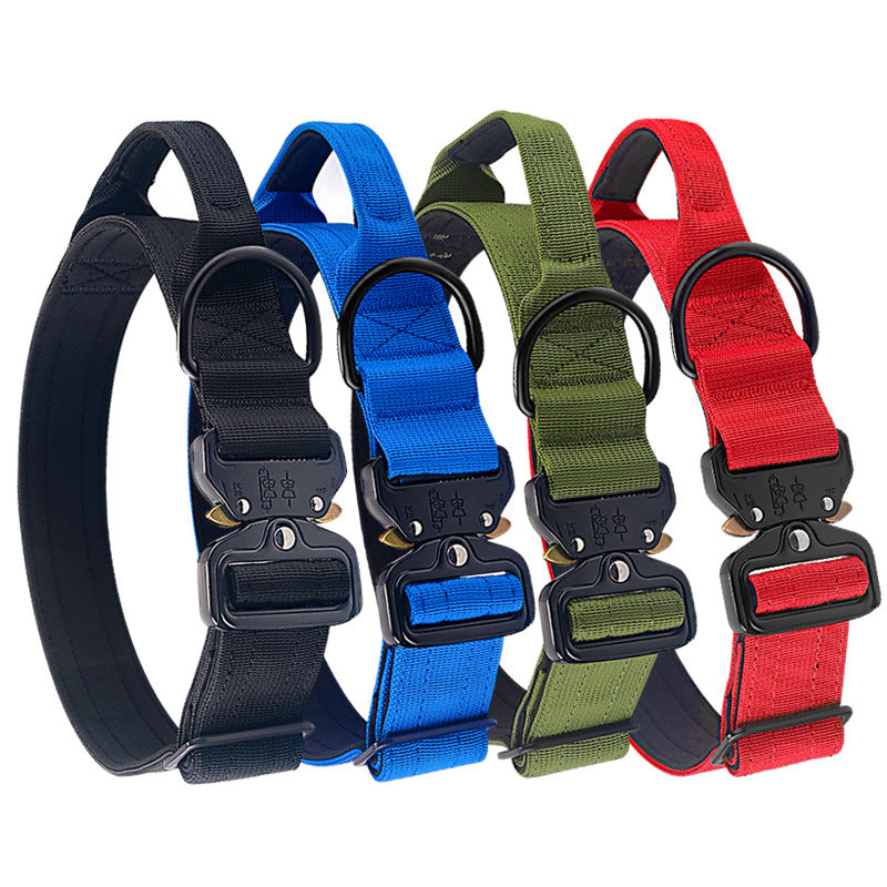 Wide tactical dog collar with cobra buckle in Black, front view