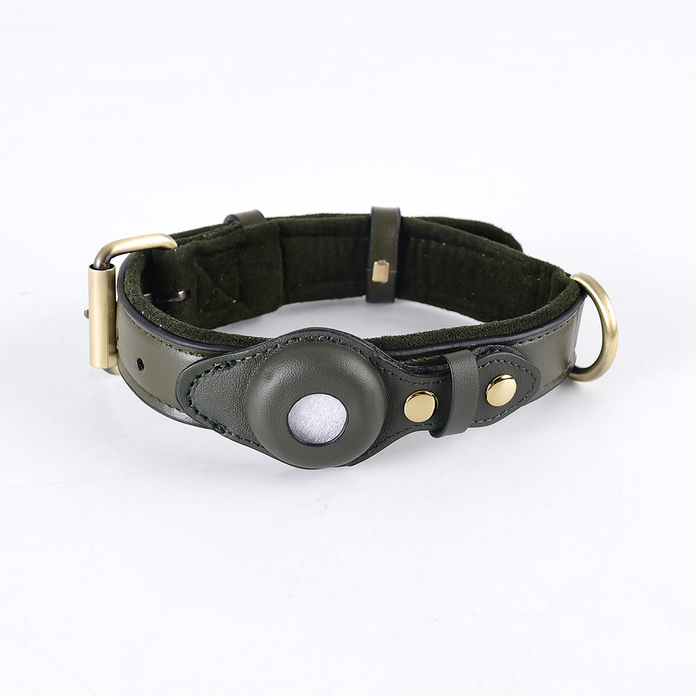 Suede finish dog collar with tracker tag holder in brown