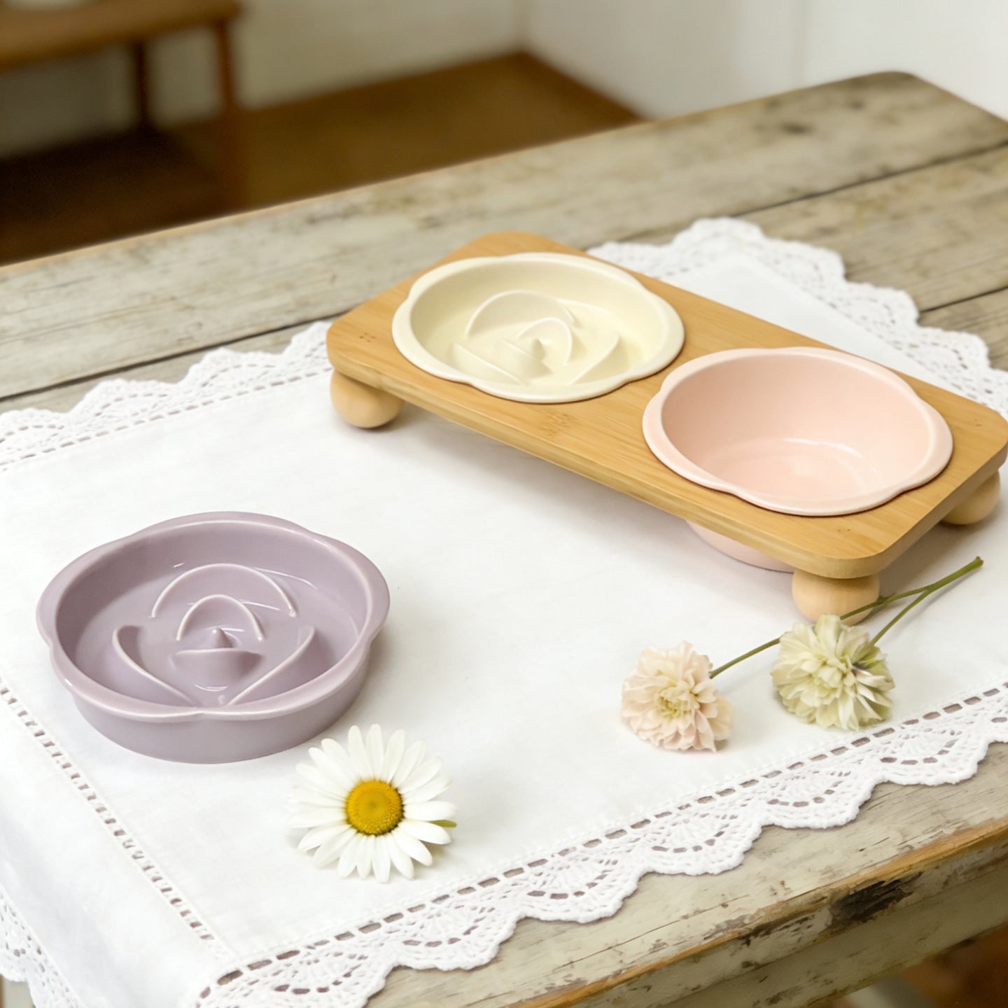 Slanted Ceramic Cat Bowl with Flower Design and Optional Stand for Neck Comfort