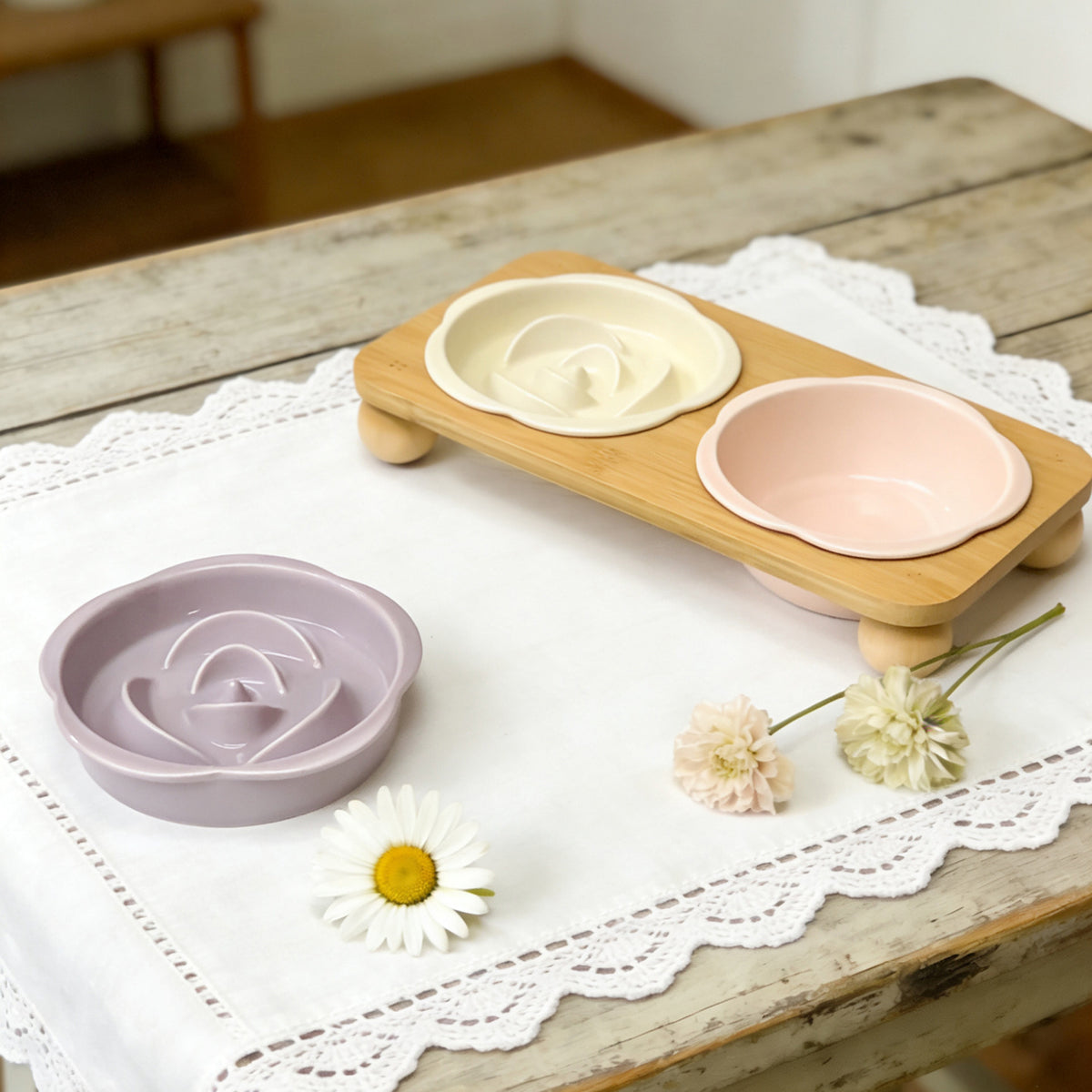 Slanted Ceramic Cat Bowl with Flower Design and Optional Stand for Neck Comfort