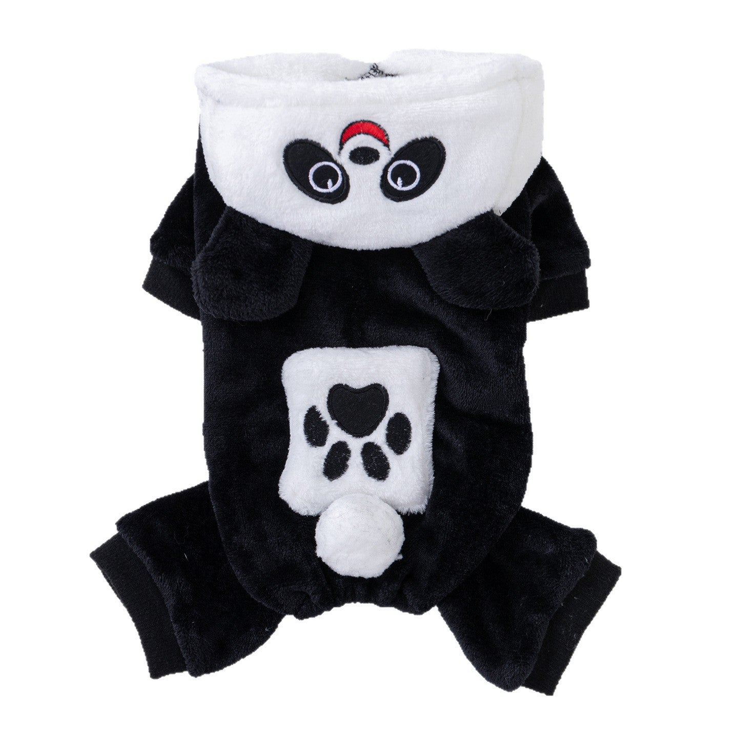 Small dog dressed in a padded black and white panda costume