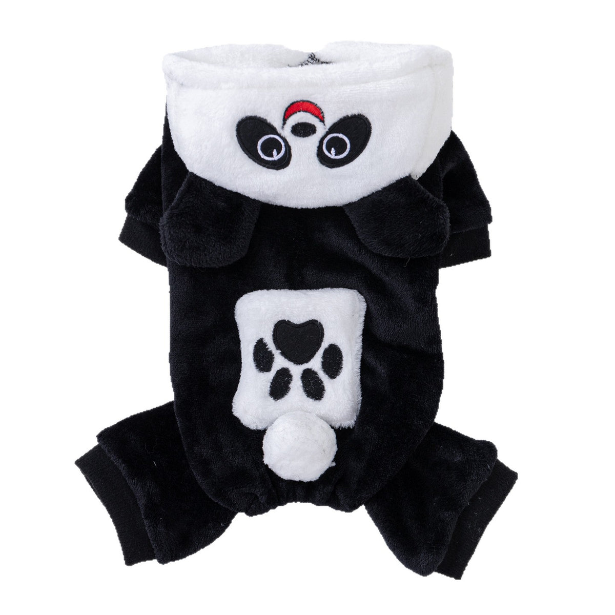 Small dog dressed in a padded black and white panda costume