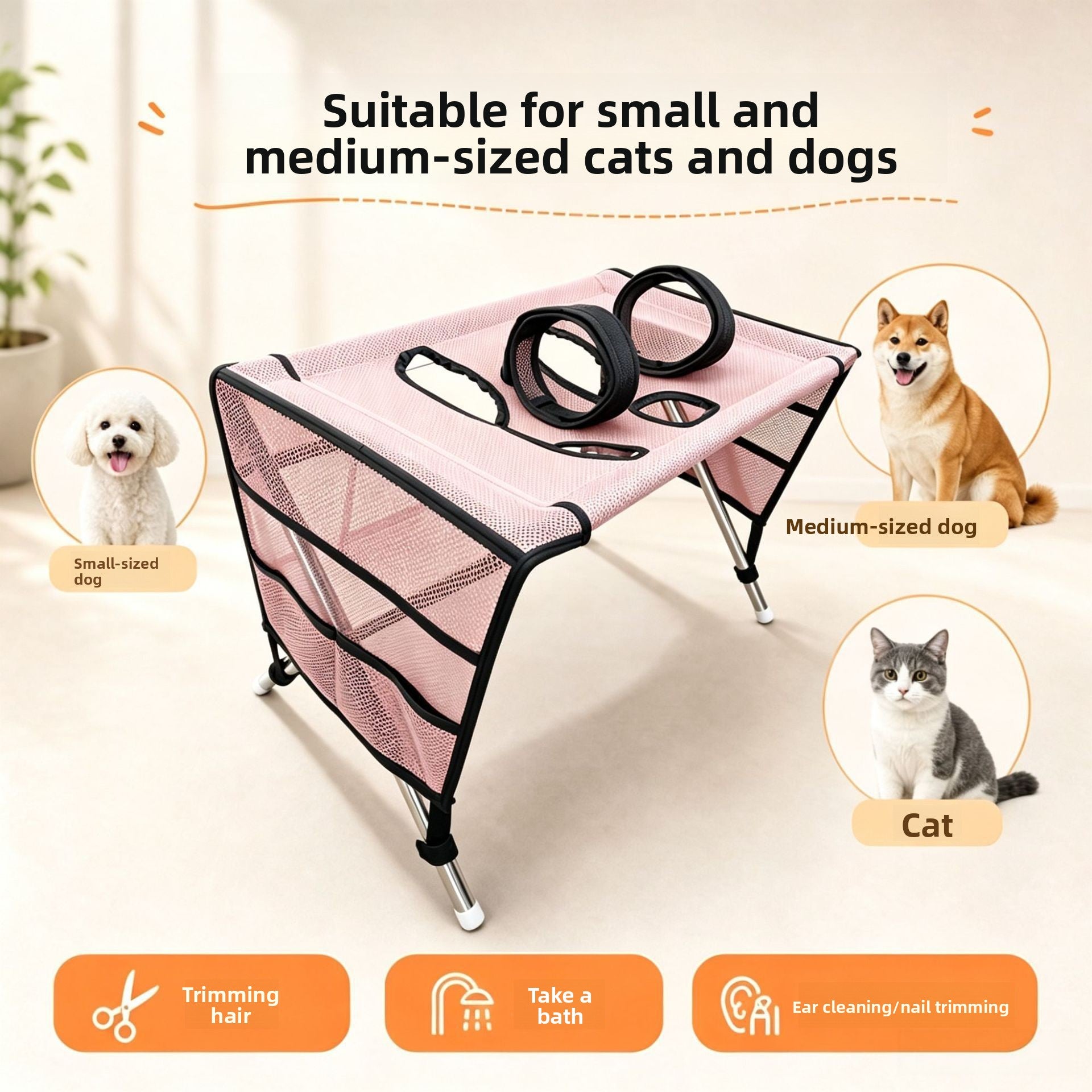 Foldable pet grooming and bathing table with safety straps for dogs