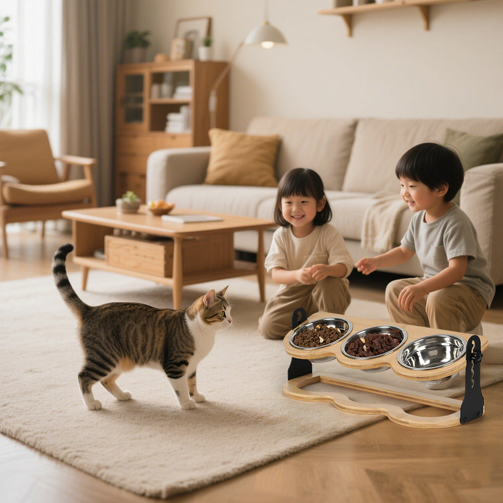 Elevated Stainless Steel Pet Bowl on Three-Legged Bamboo Stand for Cats and Small Pets