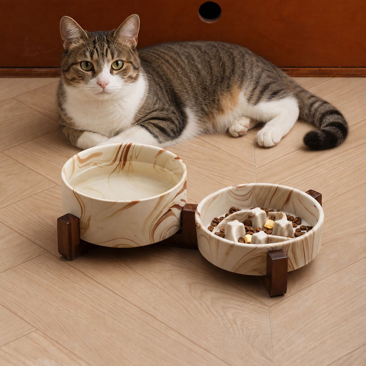 Marble Pattern Ceramic Pet Bowl with Acacia Wood Stand in Water or Slow Feeder Style