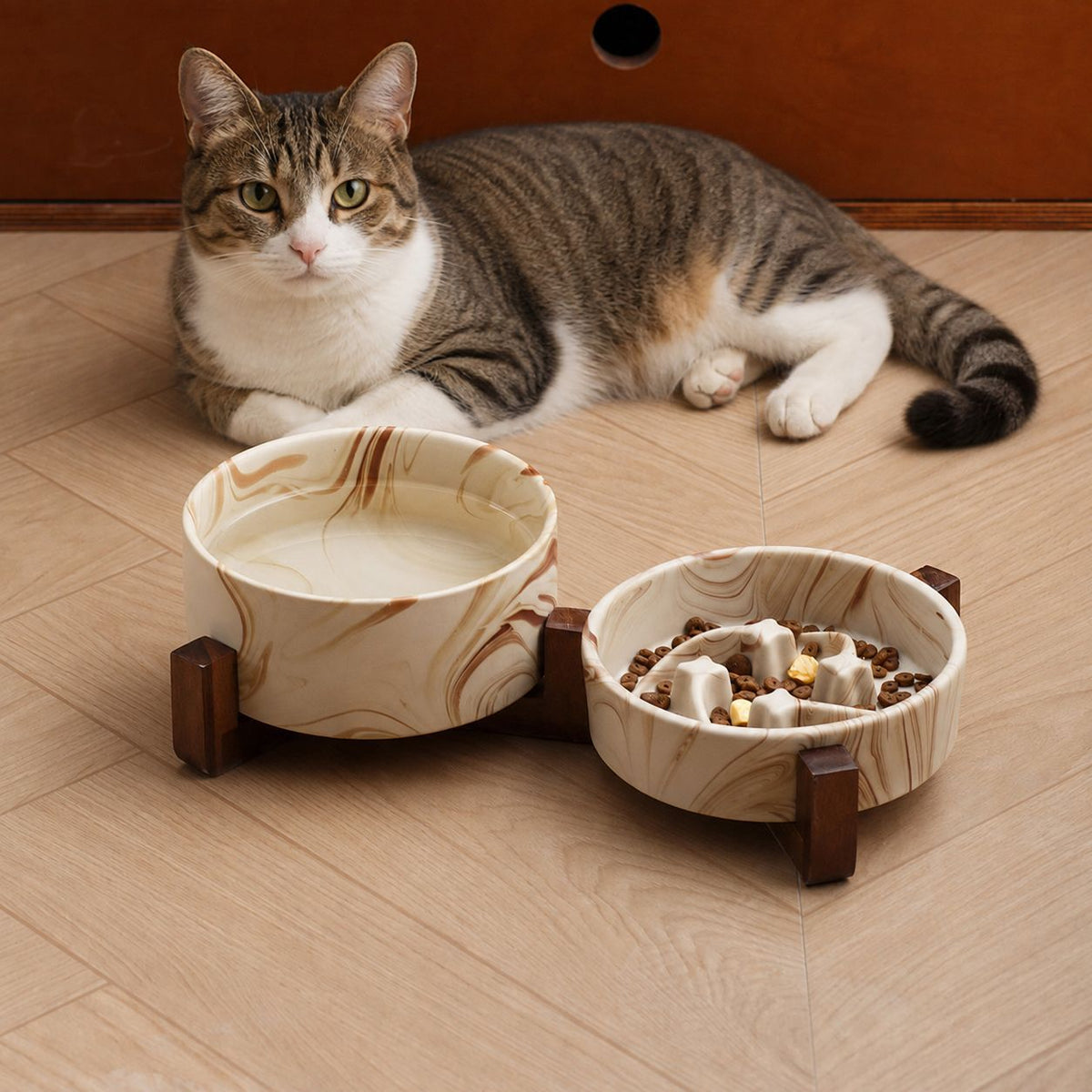 Marble Pattern Ceramic Pet Bowl with Acacia Wood Stand in Water or Slow Feeder Style