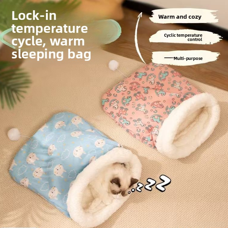 Soft velvet semi-enclosed sleeping bag bed for cats, product image 1