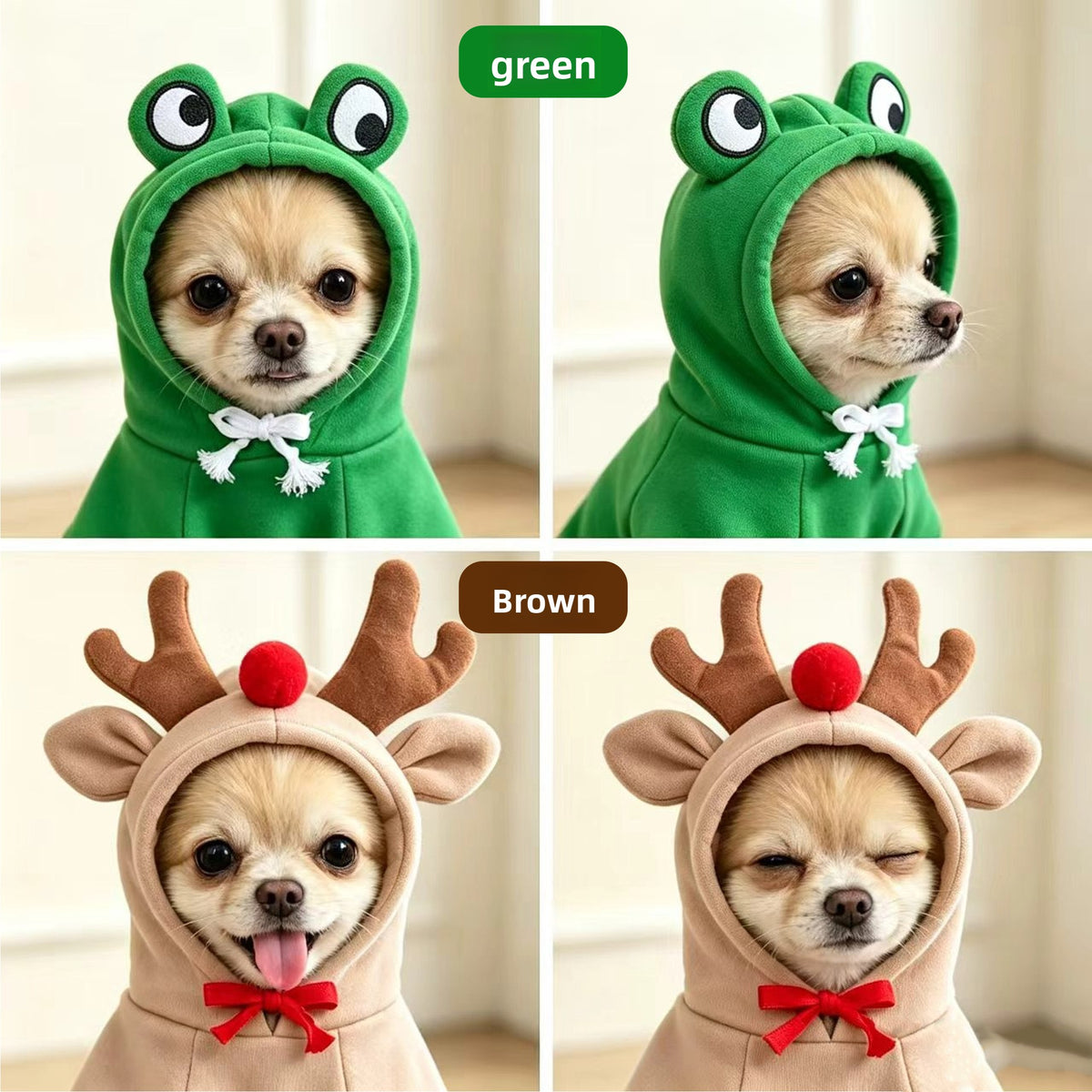 Small dog in a hooded fleece reindeer sweatshirt