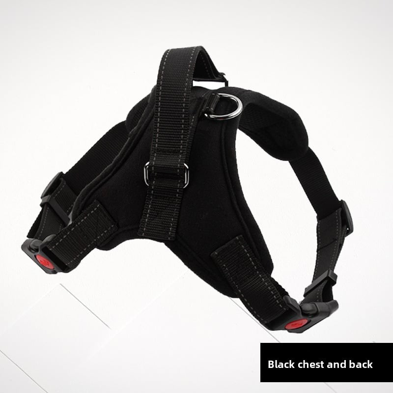 Padded cloth dog harness with Union Jack design in Green Camouflage, showing size and shape