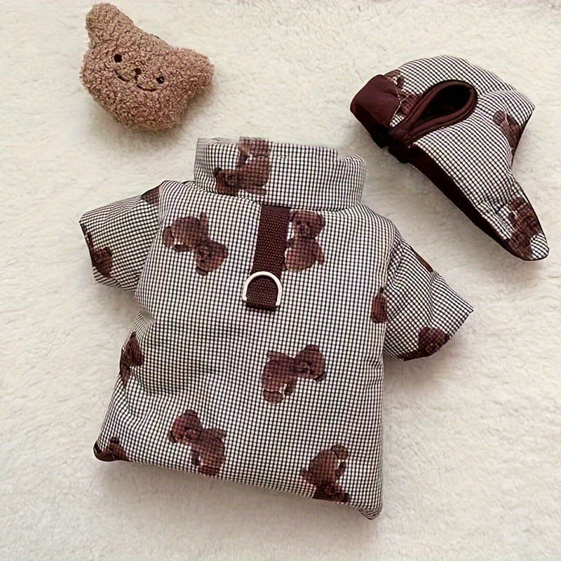 Warm padded dog coat and hat set with lead ring, in a home setting