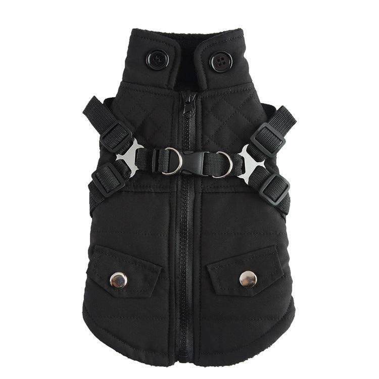 Padded dog chest jacket with zip and reflective straps in Red Style A, material detail