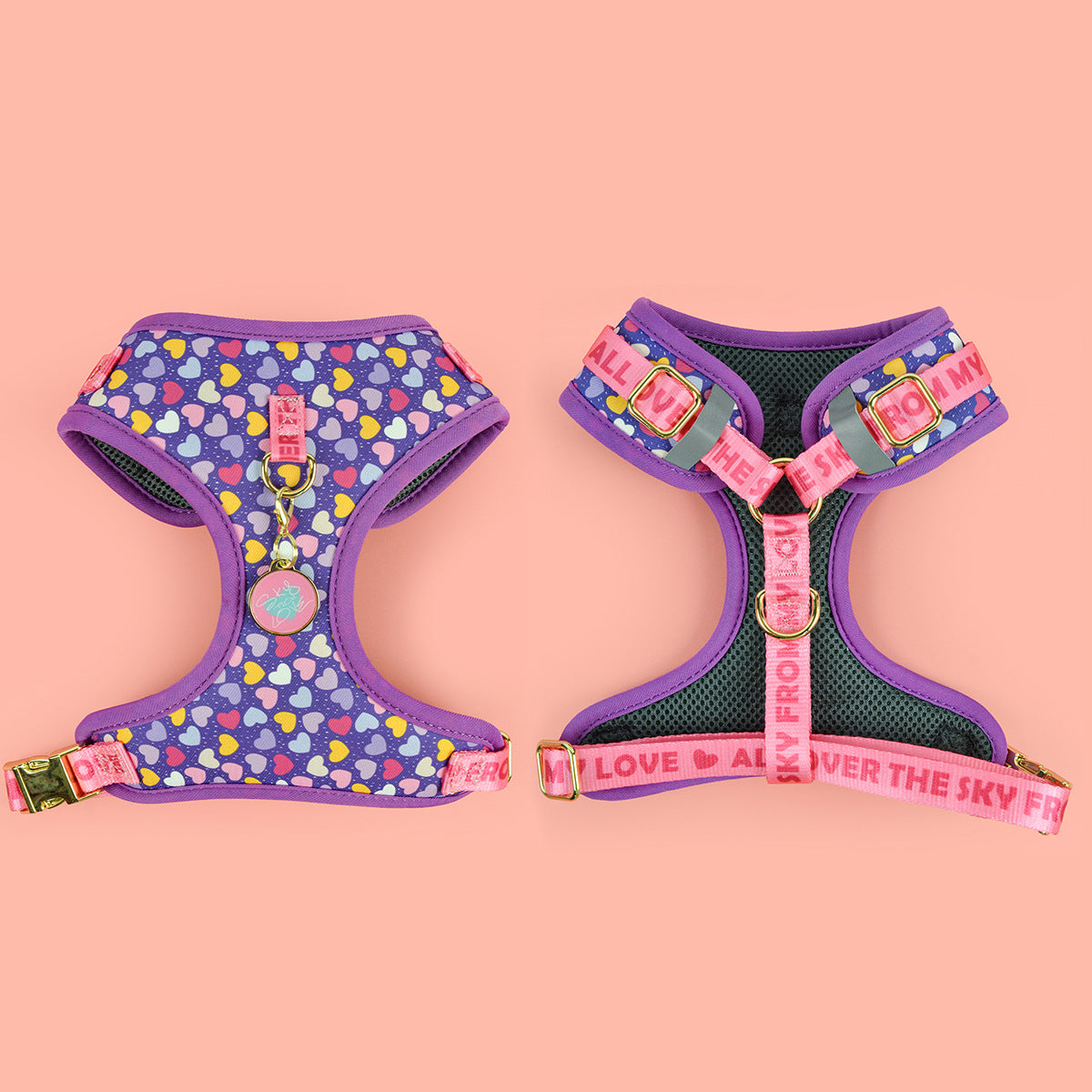 Patterned dog harness with ID tag in purple heart print, product image 10