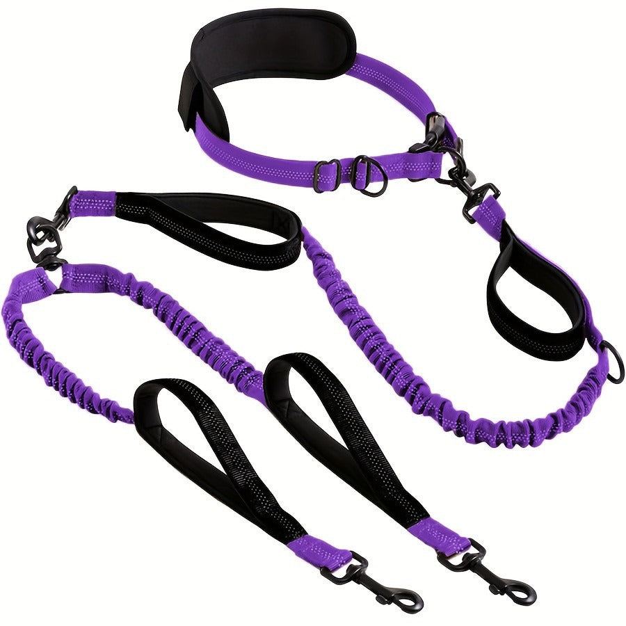 Hands-free double dog lead with bungee buffer, available from Pet Royale UK
