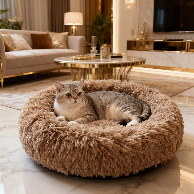 Plush round pet nest bed in Brown, size 70cm Diameter