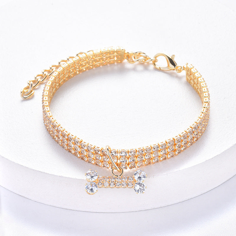 Rhinestone pet collar with bone charm, ideal for everyday use