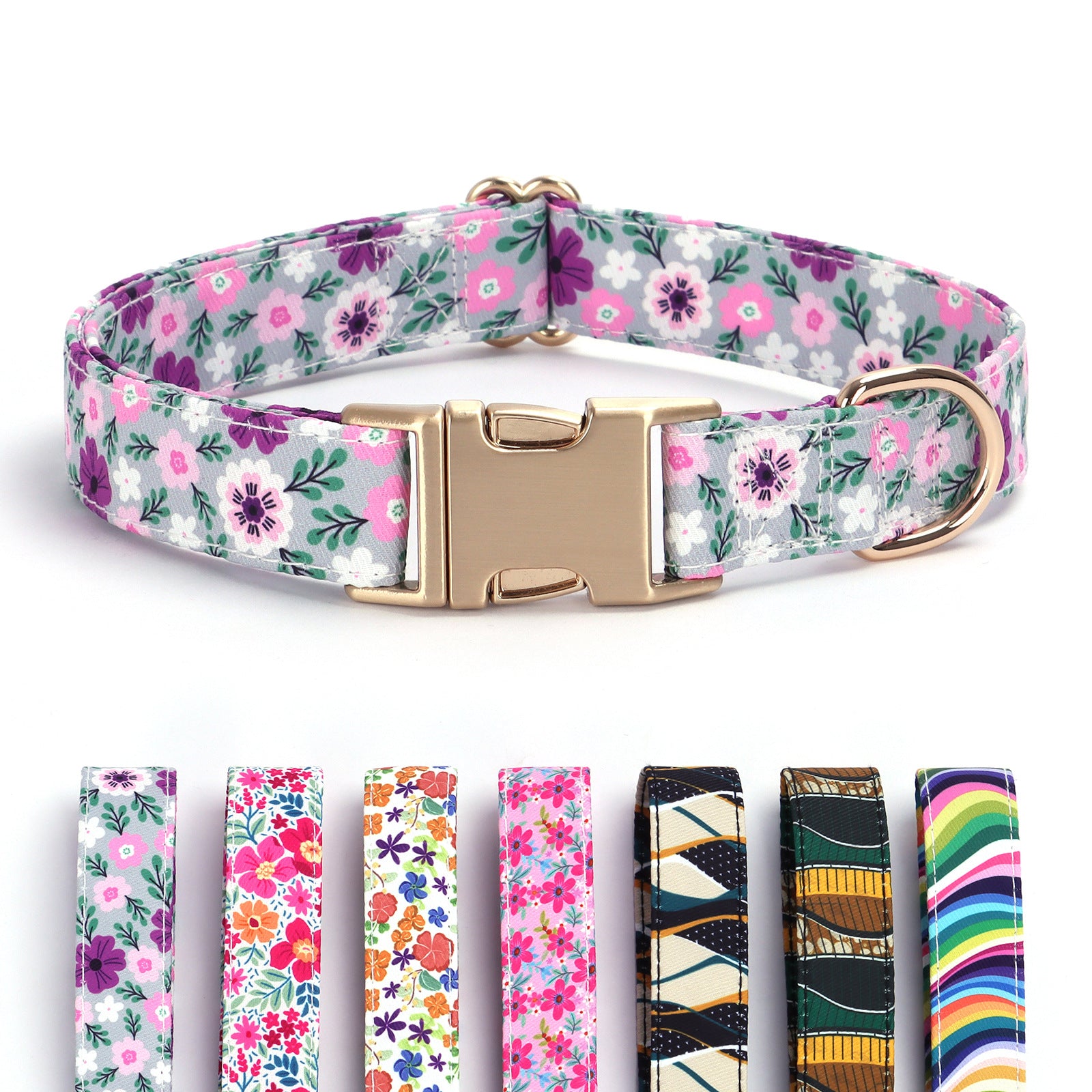 Floral fabric dog collar with gold buckle, showing size and shape