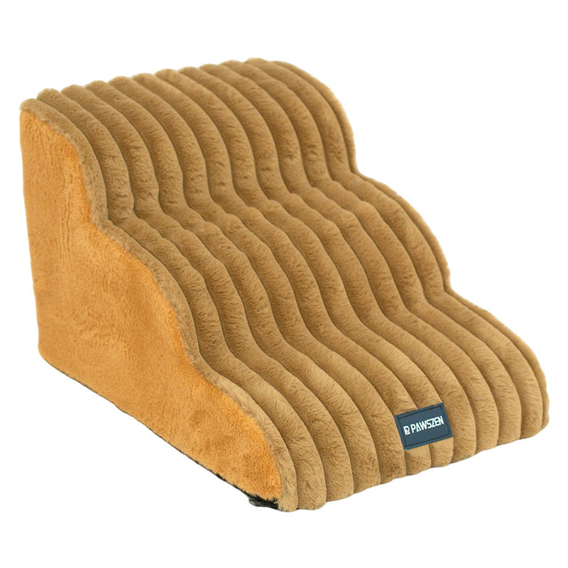 Grey two-step foam dog steps beside a bed