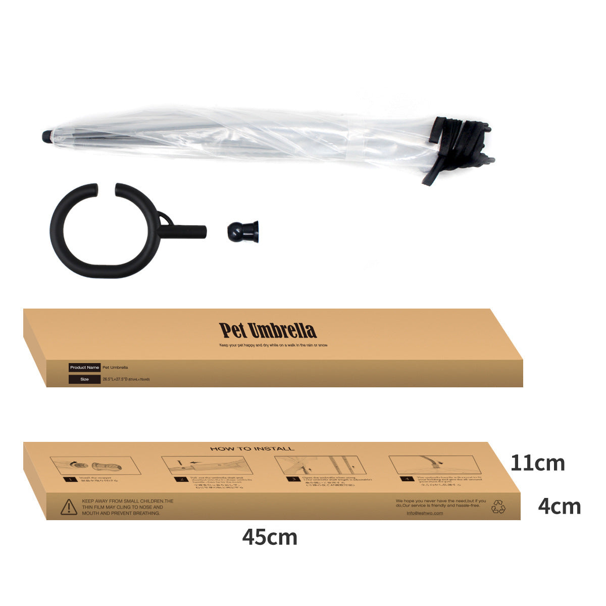 Clear dog umbrella with built-in lead for rainy walks, showing size and shape