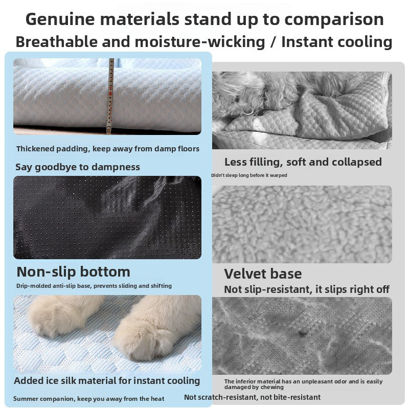 Cooling Ice Fabric Pet Bed with Pillow, Washable Summer Mat