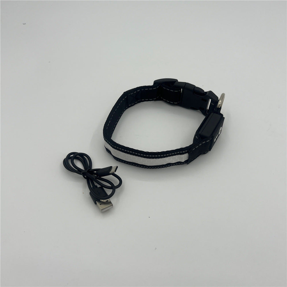 Adjustable LED light up dog collar in Black, top view