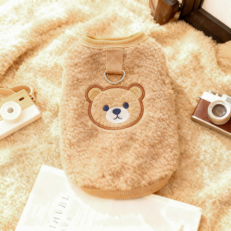 Sherpa fleece bear dog vests in blue, yellow and brown with leads