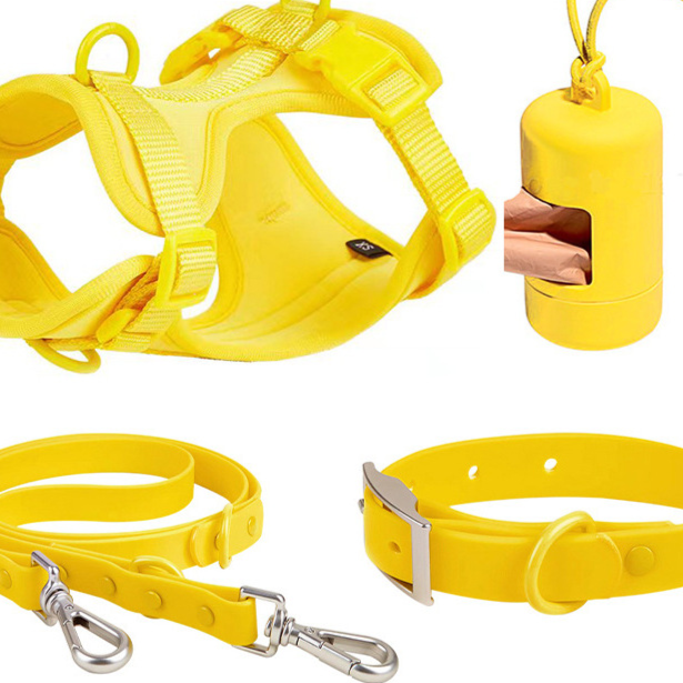 Wipe clean PVC dog collar and lead set shown in several colour options